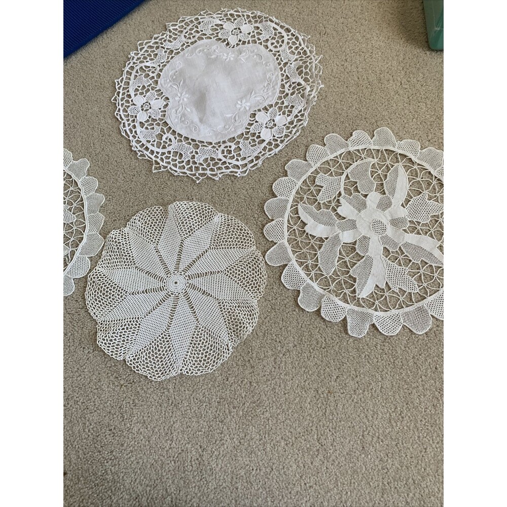 vintage hand crochet & embroidered White doilies Set Of 4